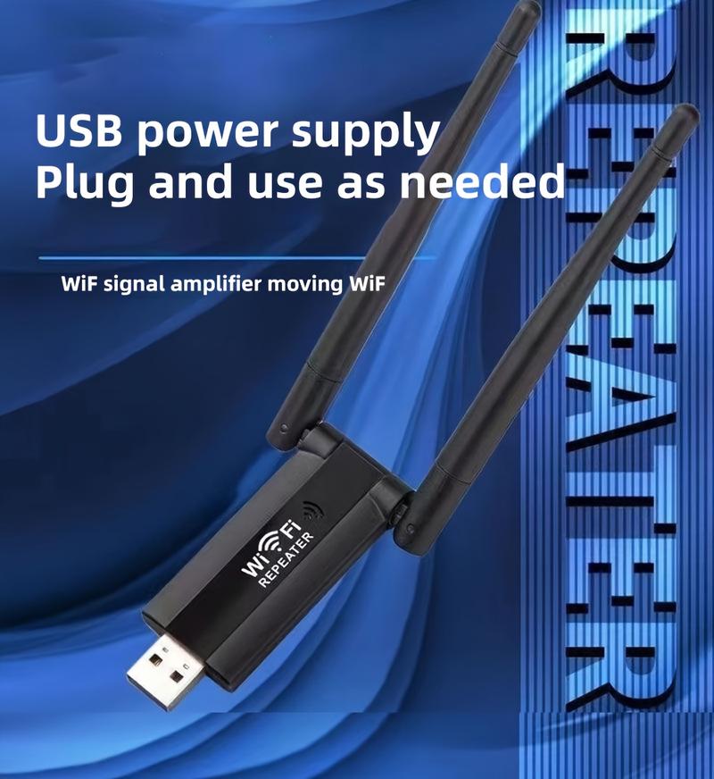 Wireless WiFi Signal Booster |       300Mbps High Speed 2.4GHz USB Repeater |     Plug and play, quick setup |     Portable Indoor Hotspot Extender for Office |     Enhanced Range and Speed |     Fashionable black design with dual antennas |       US stan