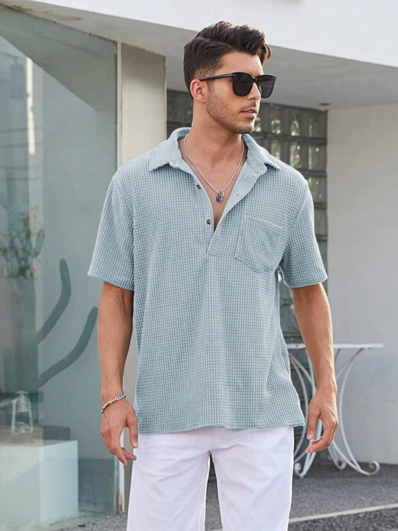 Men's Regular Fit Pocket Button Front Waffle Knit Polo Shirt, Casual Short Sleeve Top for Summer, Menswear for Daily Wear