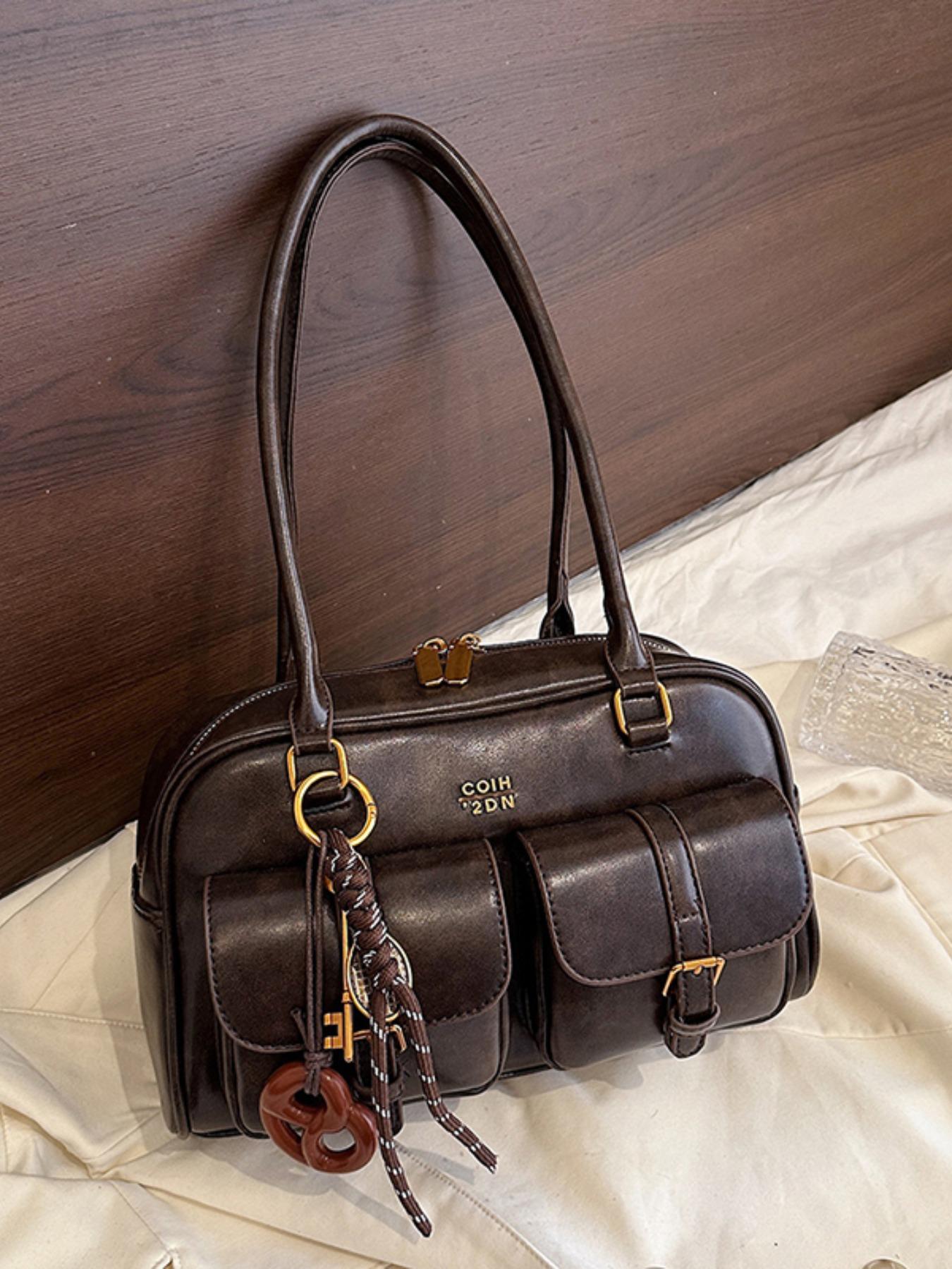 Women's Solid Color Classic Flap Shoulder Bag, Fashionable Large Capacity Shoulder Bag with Charm, Casual Versatile Commuting Bag for Daily Used