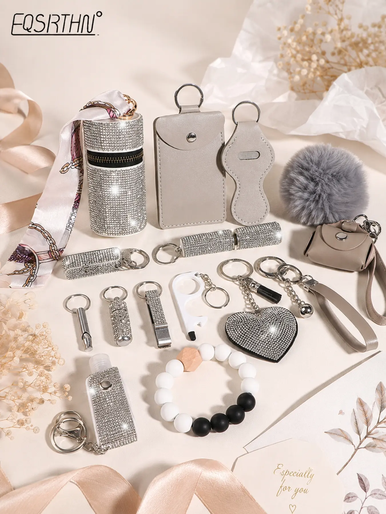 14pcs rhinestone silver shiny safety keychain suit with wristband, storage bag and card holder decorative accessories suit, business card holder perfume bottle (empty bottle) keychain accessories mouth red envelope Keychain Set