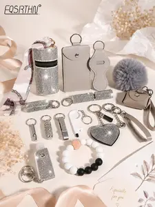 14pcs rhinestone silver shiny safety keychain suit with wristband, storage bag and card holder decorative accessories suit, business card holder perfume bottle (empty bottle) keychain accessories mouth red envelope Keychain Set