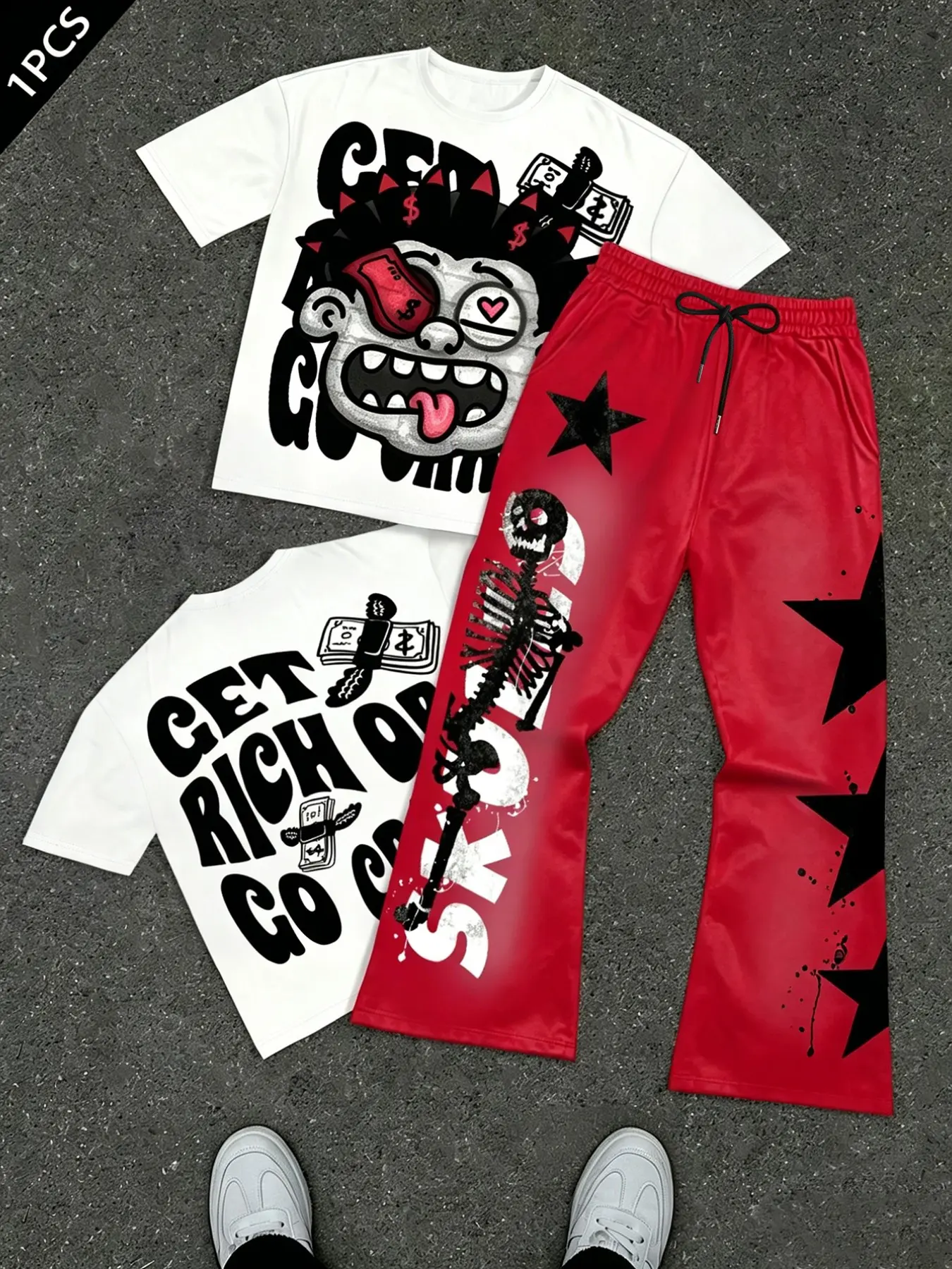 Men Women Y2K Rich Theme Hip Hop Two Piece Set, T-Shirt with Devil Bill Graphic, Bell Bottoms, Casual All Season Wear