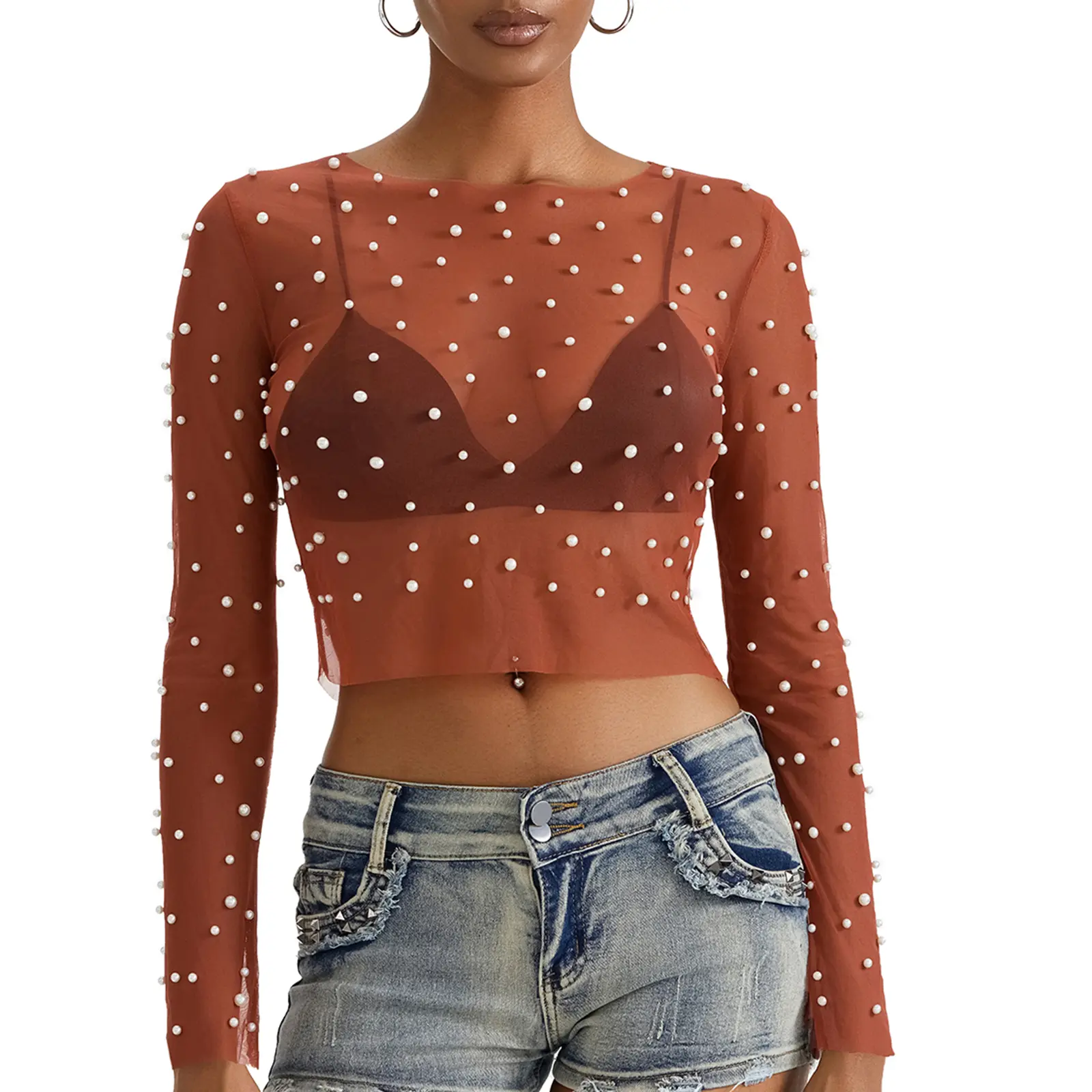 Women T-shirt, Long Sleeve Crew Neck See-through PearlsFit Ladies Tops for Club Party Blouses Feminine