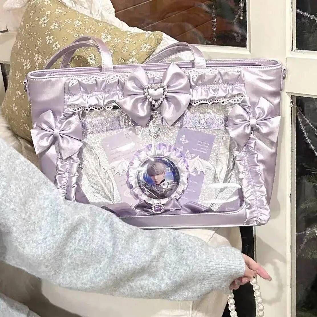 New Y2k Sweet Ita Crossbody Bag Lolita Girl Transparent Tote Bag Women Large Capacity Lace Shoulder Bag Cute DIY Display Handbag