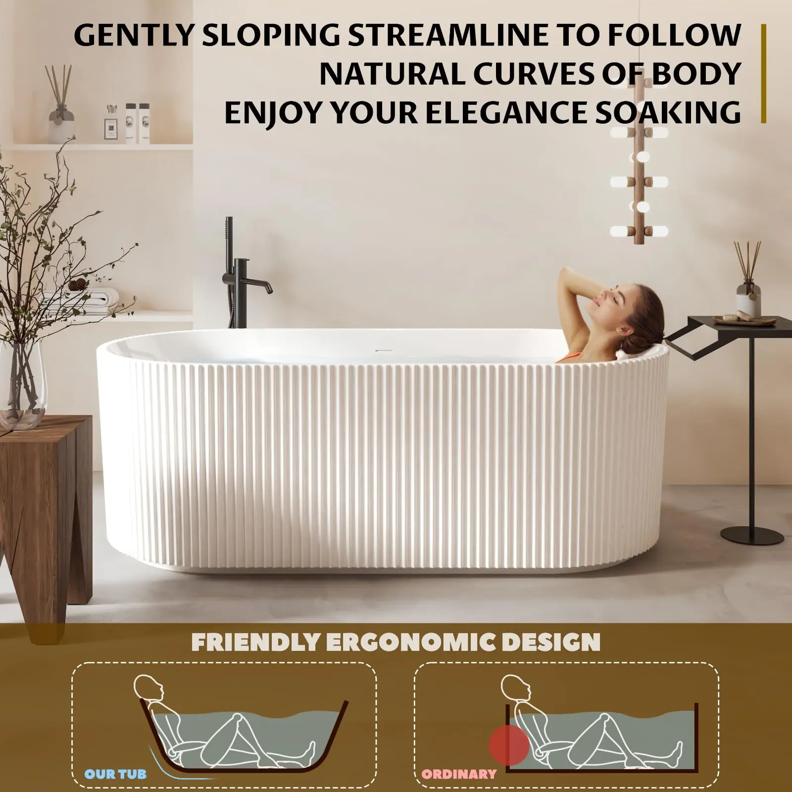 Freestanding Acrylic Soaking Tub - Deep Ergonomic Non-Slip Comfort, Double-Walled Insulated Modern Design, cUPC Certified, Chrome or Matte Drain, White Striped Finish - Ideal for Bathroom Spa Renovation (soaking tubs)