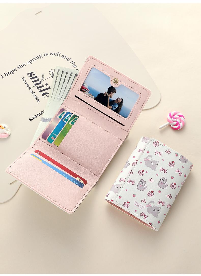 Strawberry Bear Print Wallet for Women Cute 3-Fold Short PU Leather Purse with Card Slots ID Window Portable Coin Purse for Everyday Carry