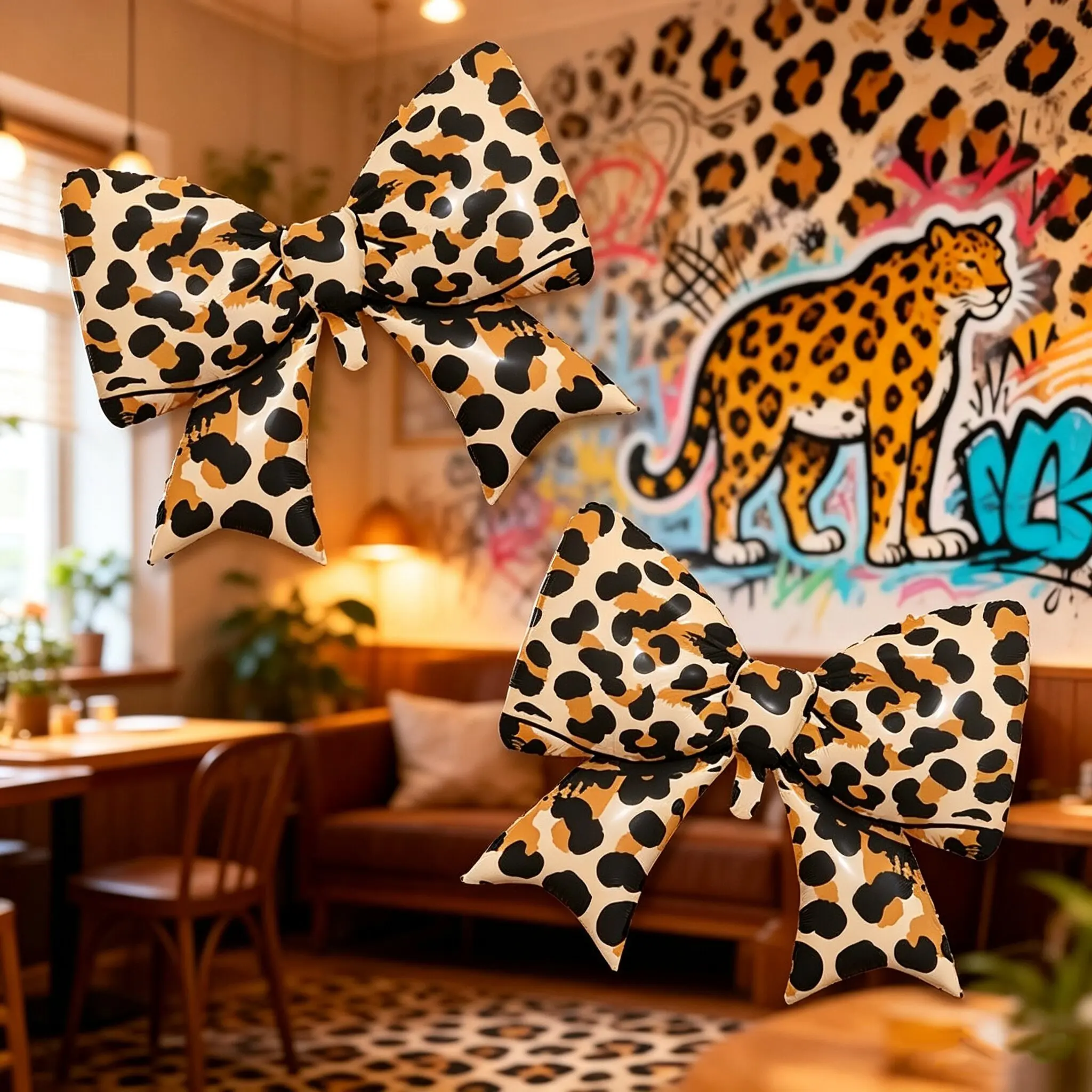 2pcs 98cm Leopard Print Bow Aluminum Balloons, Perfect for Birthday Party Atmosphere, Outdoor Party Decoration Set