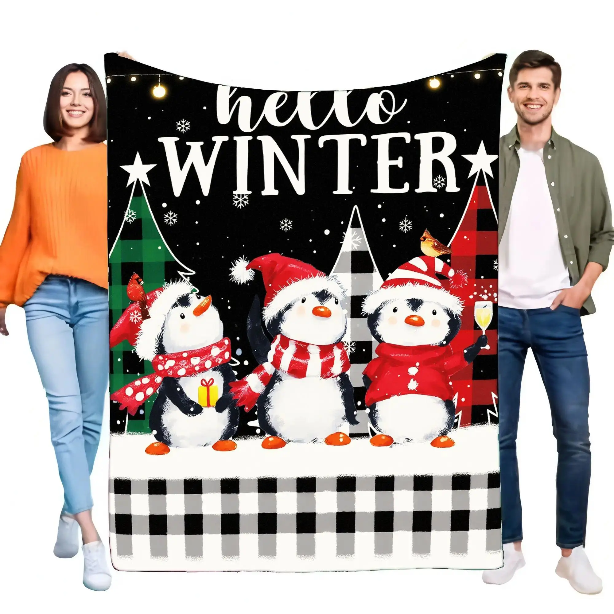 Cute Penguin Winter Theme Blanket Flannel Throw Blanket Holiday Animal Design for Bedroom, Living Space, Travel and Home Decoration