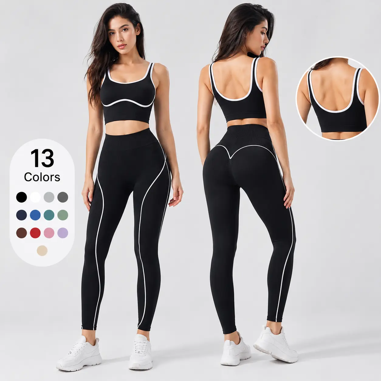 Women's 2-piece Workout Set, Scoop Neck Crop Tank Top & High Waisted Leggings, Contrast Piping Yoga Gym Fitness Activewear