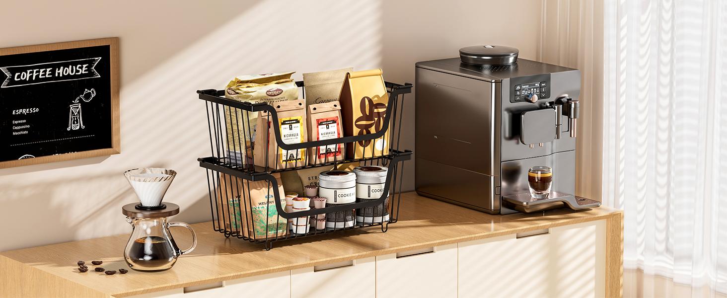 4 Pcs Stackable Wire Baskets for Pantry Organizers and Storage,Vegetable Fruit Basket for Countertop,Kitchen Storage Metal Baskets,Produce Potato Onion Storage Bin,Black