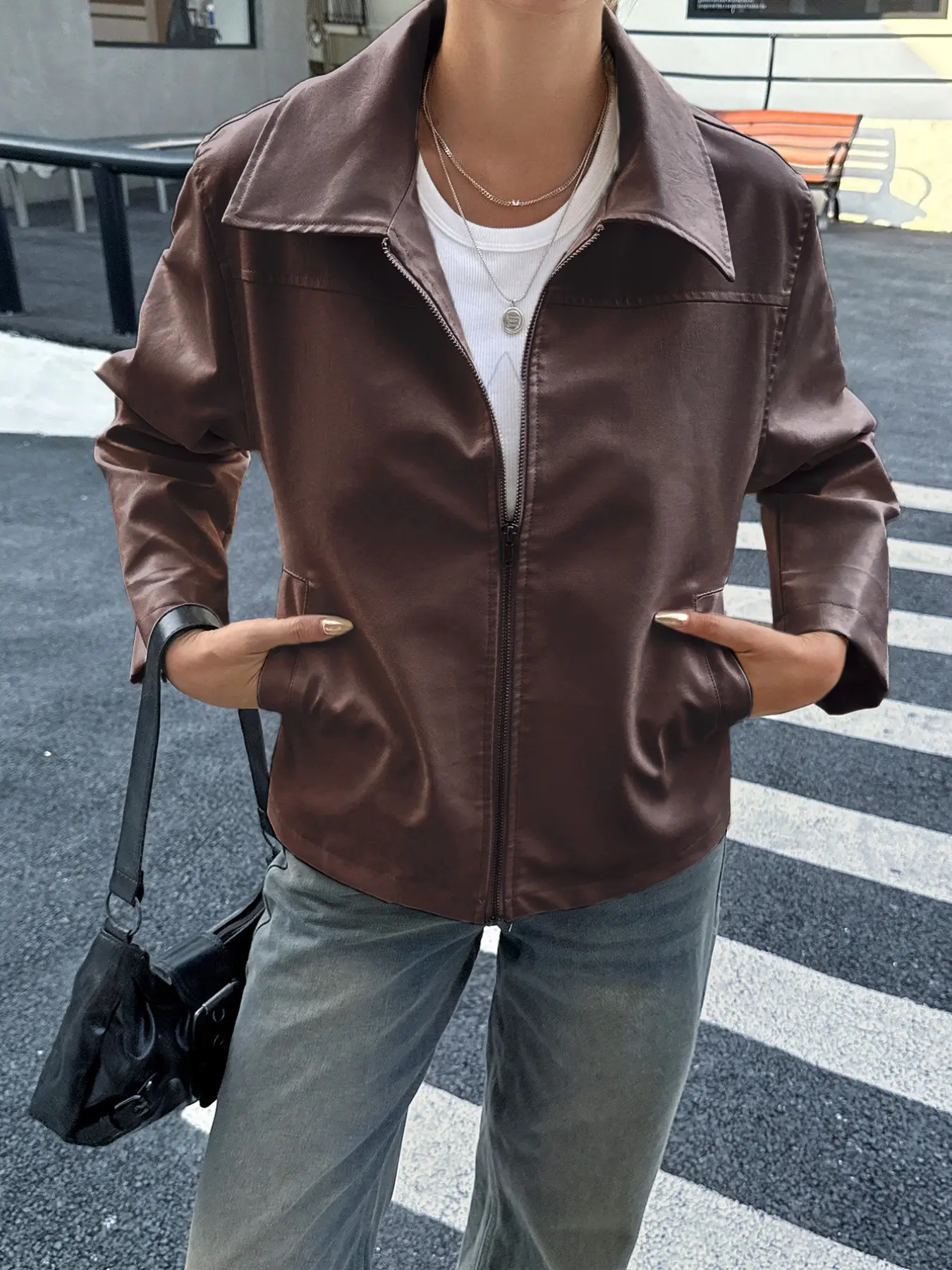 Simple Lapel Zipper Short Jacket, Loose Fit Drop Shoulder Long Sleeve, Casual Women's PU Leather Coat, Fall & Winter Outerwear