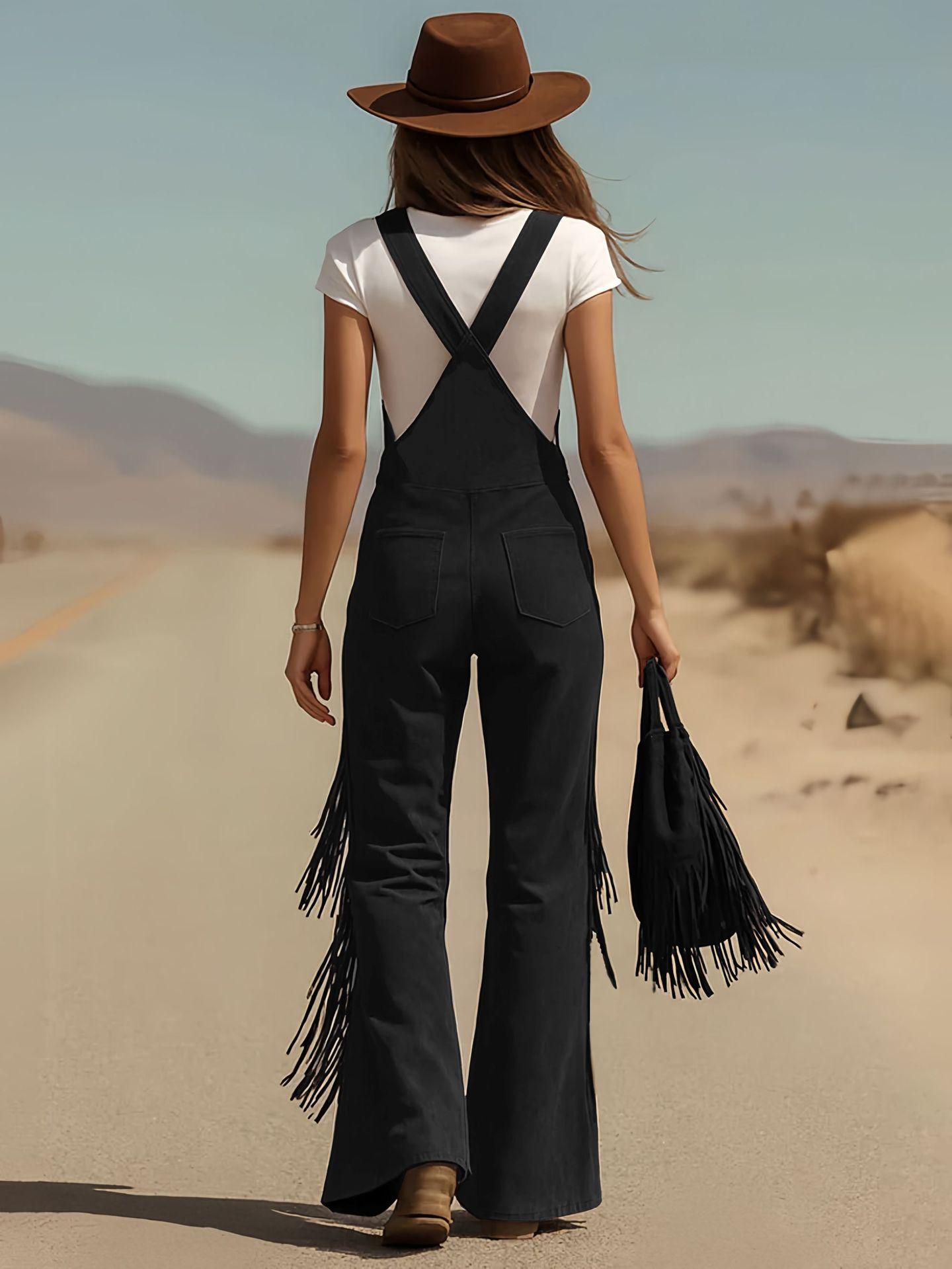 Women's Retro Faux Suede Fringe Wide-Leg Cargo Pants