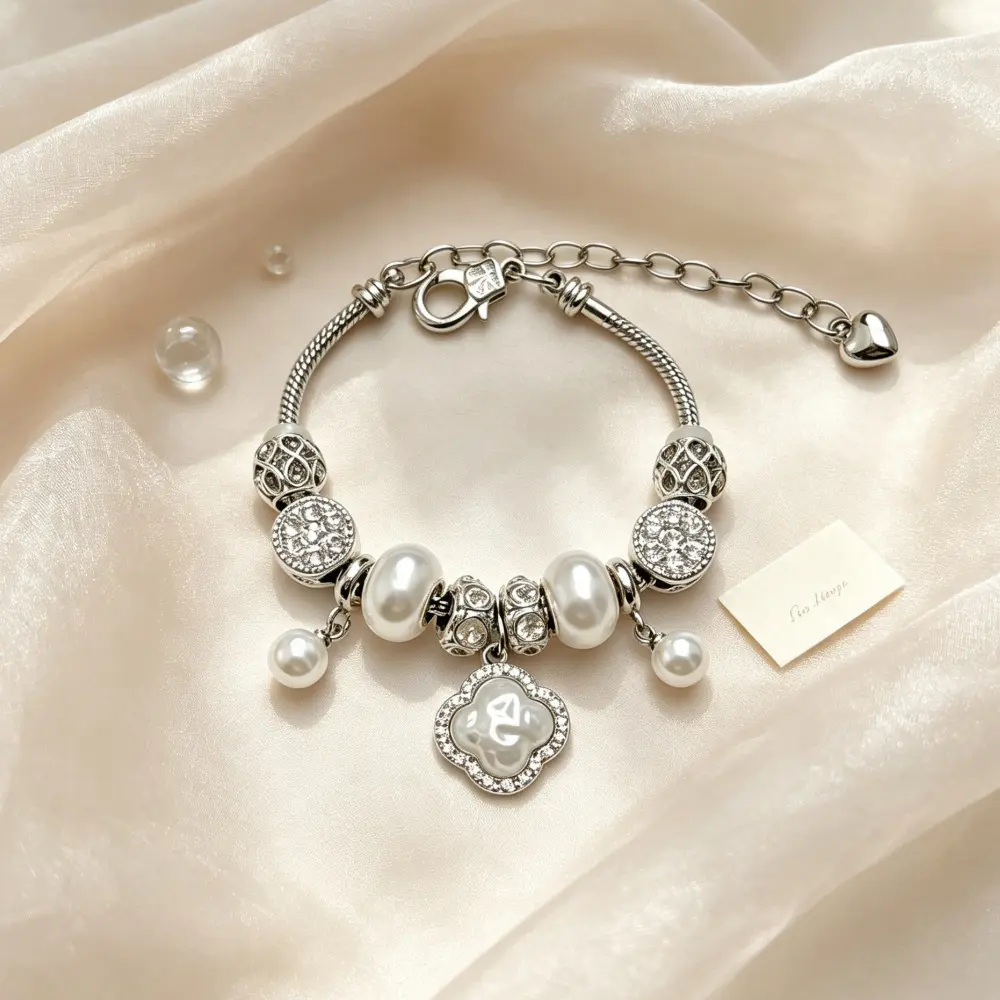 Four Leaf Clover Charm Bracelet Snake Chain Dangle Wristband Lucky Amulet Pearl Rhinestone Pendants Shiny Crystal Beads Clean Girl Aesthetic Fashion Jewelry Gift For Women