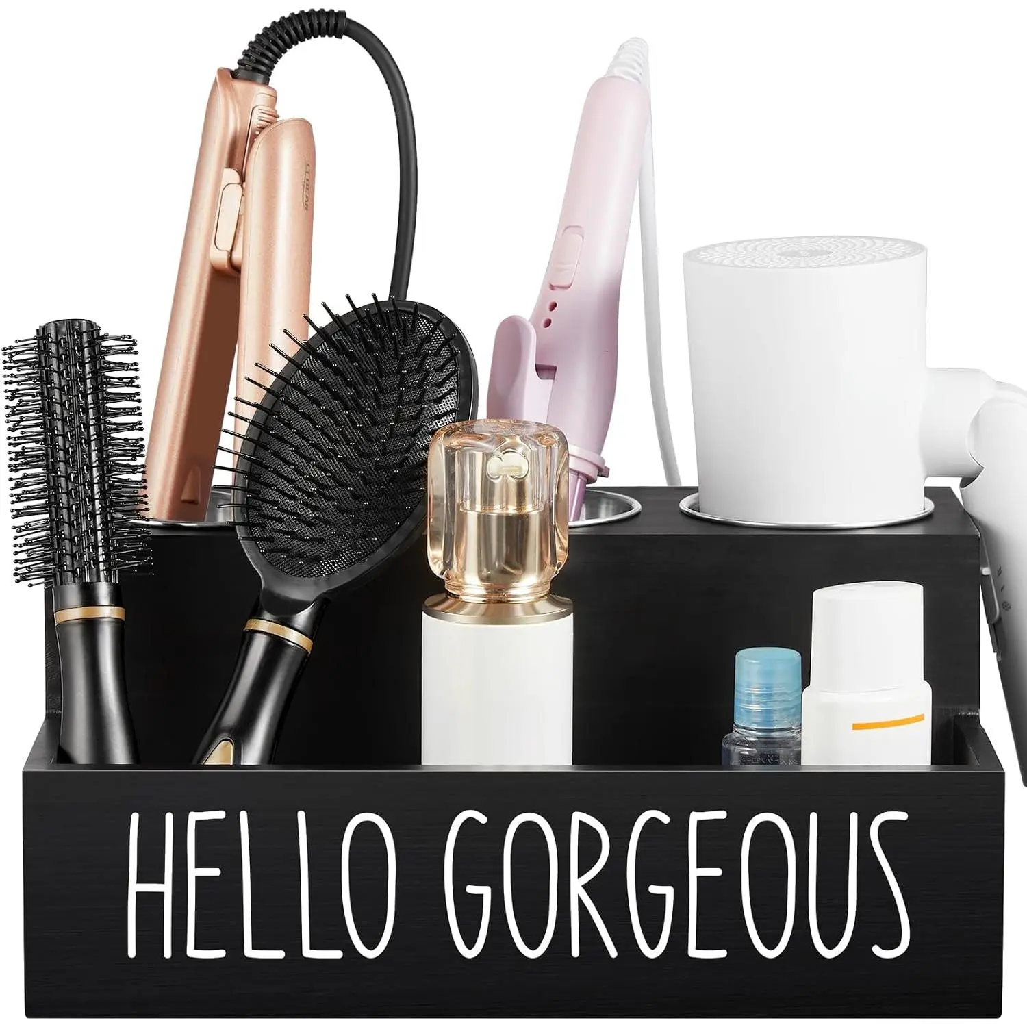 Hair Tool Organizer, Wooden Hair Dryer Holder Countertop, Wall Mount Hot Tools Organizer for Hair Styling Accessories, Bathroom Supplies   for Curling Wand, Blow Dryer, Black