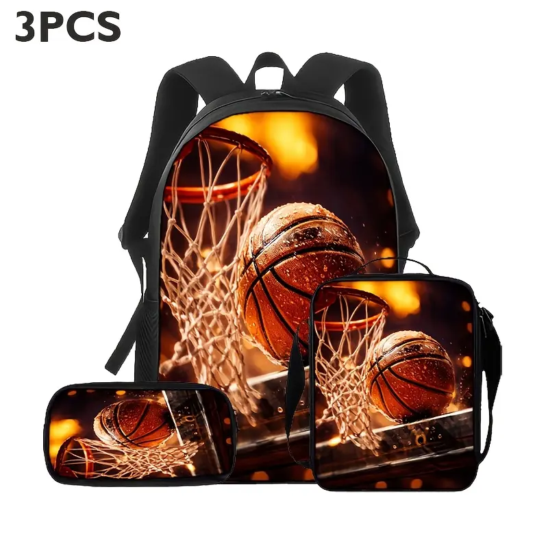 Basketball Hoop 3-Piece Polyester School Backpack Set - Adjustable, Realistic Design, Matching Lunch Bag & Pencil Case, Orange Sports Daypack for Boys Teens, Gym Practice Travel Gift, Teenage Boy Gifts, 3-Pieces