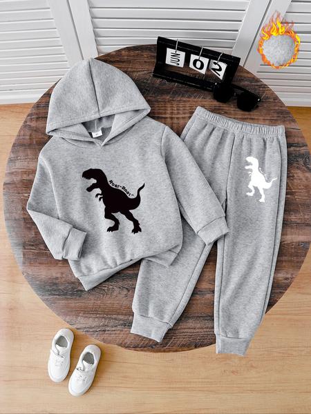 Boys' Cute Dinosaur Hoodie Set, Long Sleeve Fleece Pullover & Comfortable Jogger Pants, Perfect Gift for Kids, Fall Winter Casual Wear