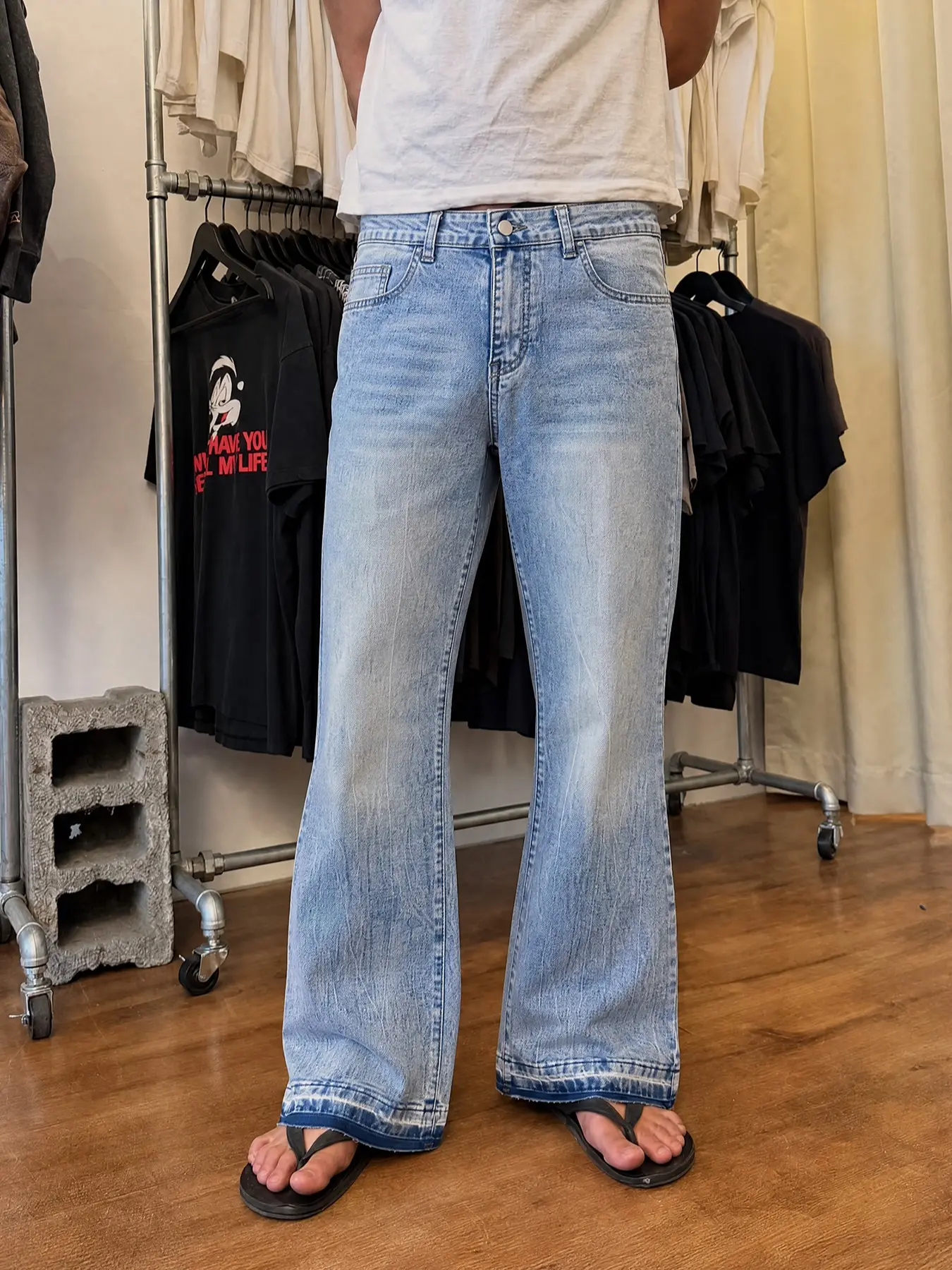 Vintage Light Blue Washed Casual Streetwear Jeans, Distressed Frayed Hem Flare Pants, Slim-Fit Street Style, All-Seasons Versatility, Men's Fashion, Fashion Jean Bottoms