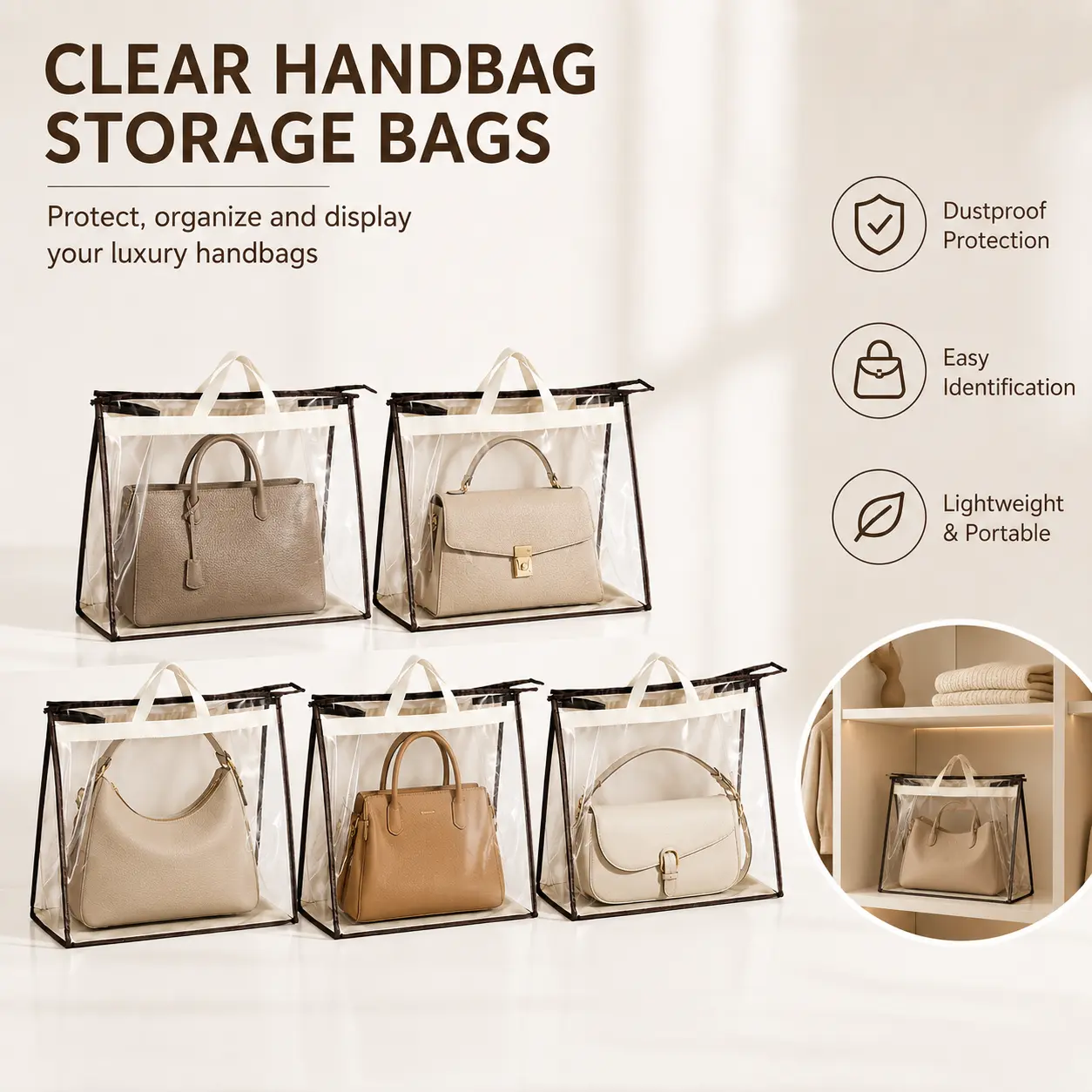 1 PCS enlarged and widened handbag storage bag, translucent handbag storage bag with handle, wallet organizing cabinet, zipper hanging storage bag, handbag, Storage Organizer-YY0