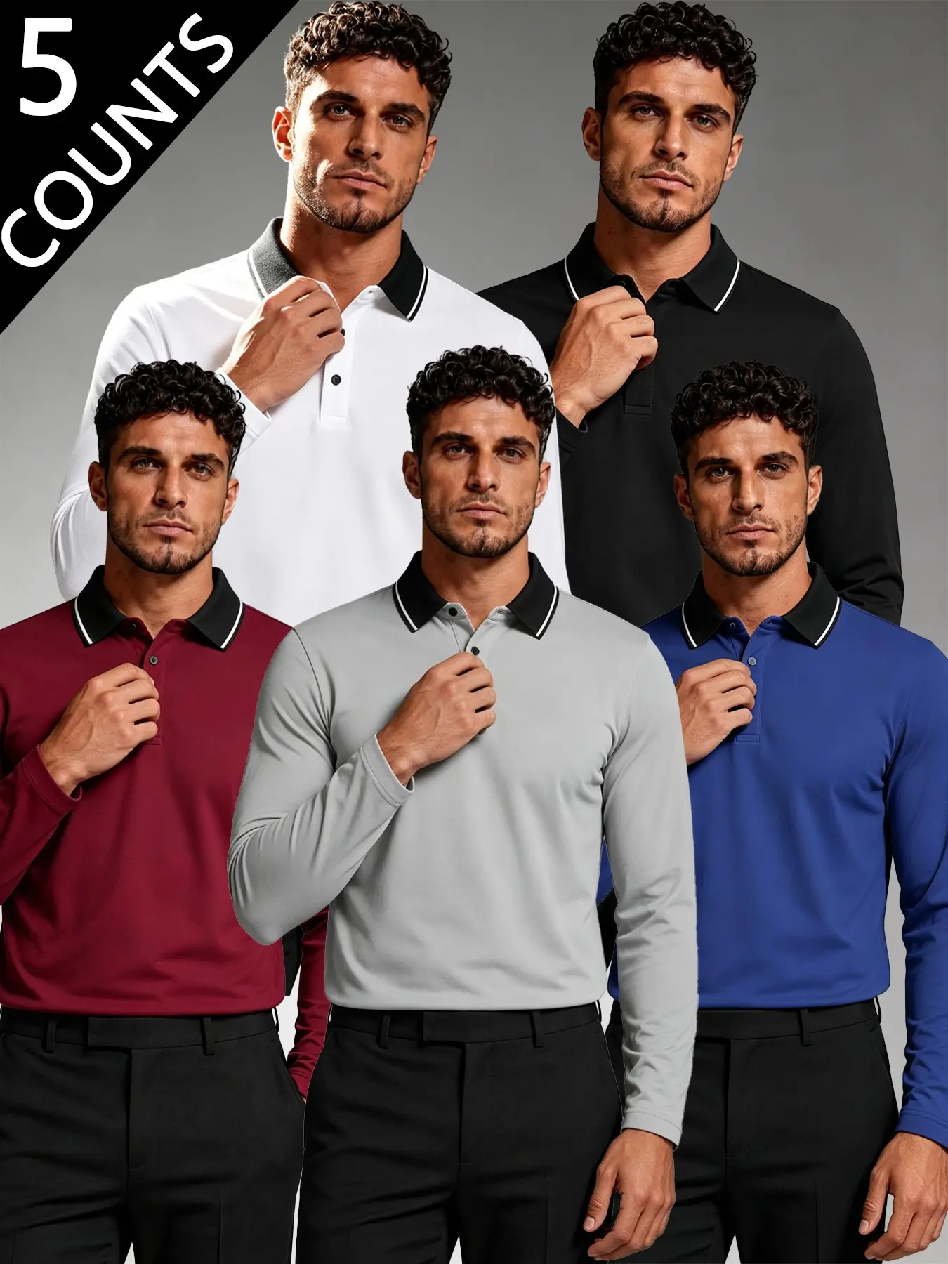 5 Pack Men's Contrast Trim Collar Long Sleeve Polo Shirt, Button Placket Smart Casual Top, Ideal for Daily Business