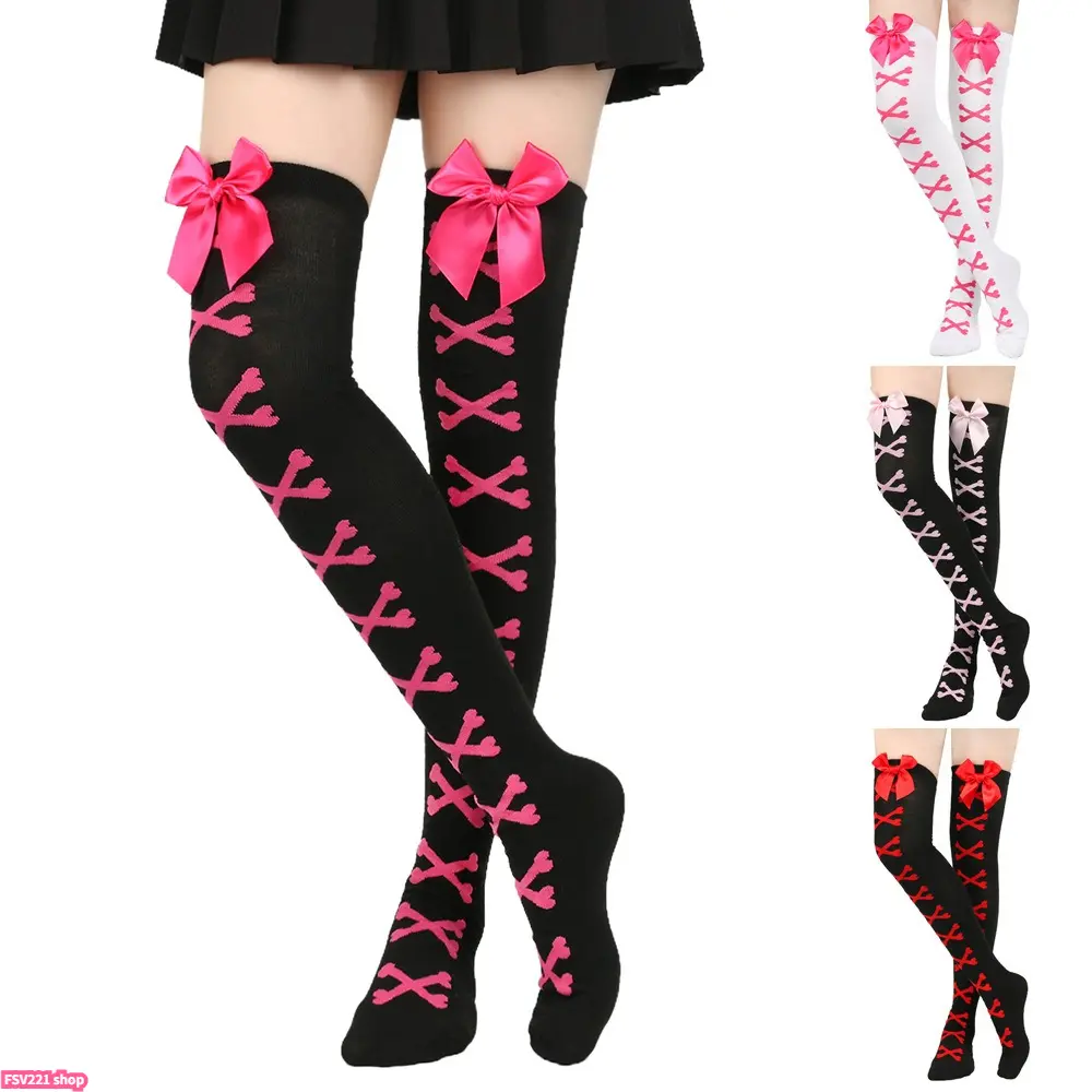 Women's Gothic Over-the-Knee Knit Socks (2-Pair) - Pink, Lace-Up Print, Bow Accent, Elastic, Breathable, Soft Fabric, Gothic Vibe, Statement, Aesthetic, Cute, Fit, Sports & Outdoor Protective Gear for Halloween Cosplay, Skirt/Corset Matching, One Size
