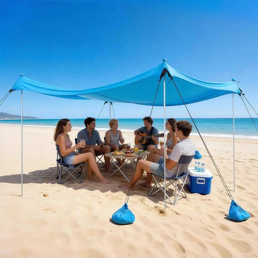 Beach Tent Sun Shelter, UPF50+ Sun Protection, 6.6 Ft Tall, 10x10 Ft, Easy Pop Up Beach Canopy With 8 Sandbags, Stability Poles, Sand Shovels, Portable Shade For Family Outings, Camping, Fishing