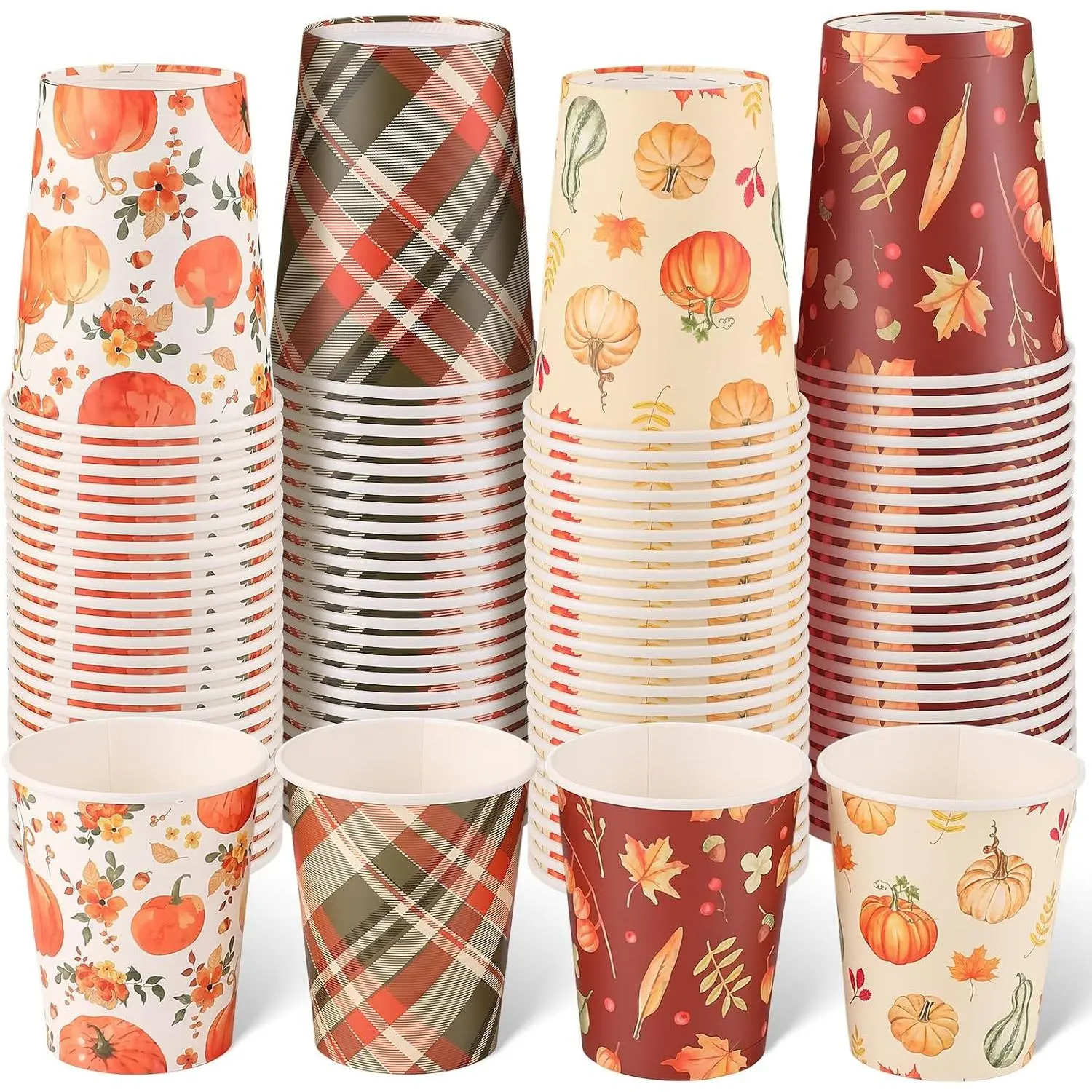 100 count Fall Paper Cups, Autumn Pumpkin Maple Leave  Fall Party Cups | 9 oz Thanksgiving Paper Cups Fall Disposable Cups for Hot Cold Drinks Fall Friendsgiving Harvest Party Supplies, 4 Styles