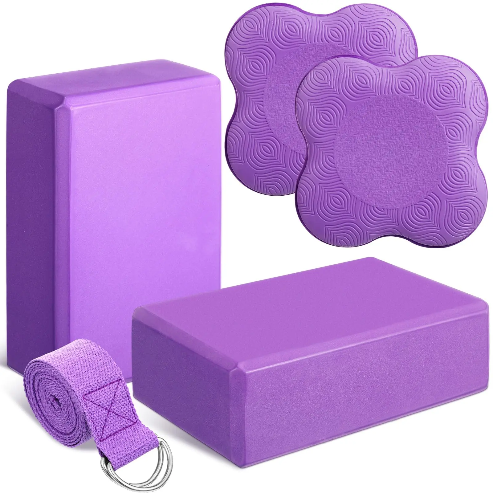 5-piece purple yoga block and knee pad set with yoga straps, soft high-quality foam block accessories, EVA yoga mat block set, high-density plain-colored exercise foam blocks, for yoga, Pilates Kit, meditation, balance, and deep stretching.