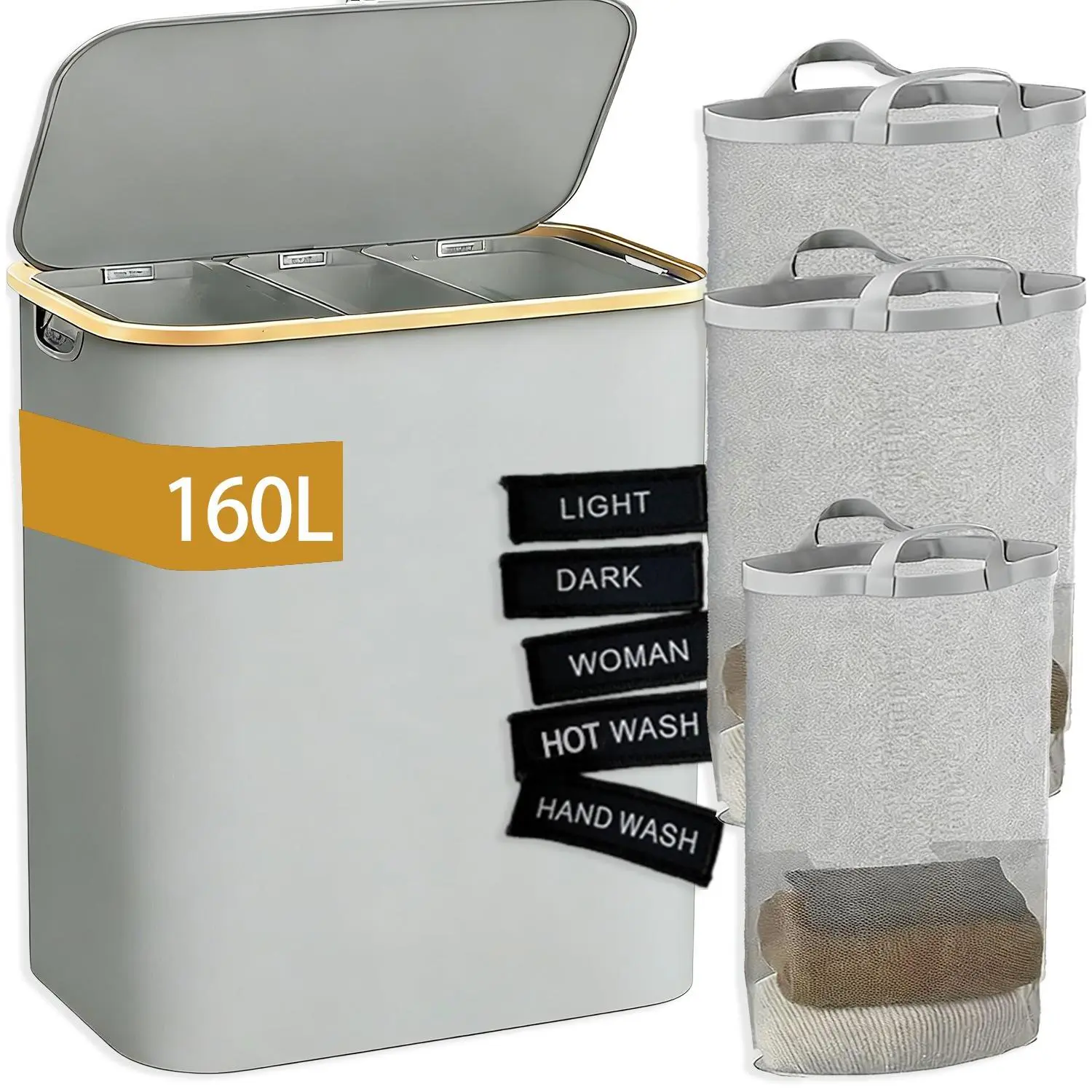 Slim Laundry Basket with Lid, Narrow Laundry Hamper with Removable Bag, Skinny Dirty Clothes Basket with Bamboo Handles for Bathroom, Bedroom & Laundry Room