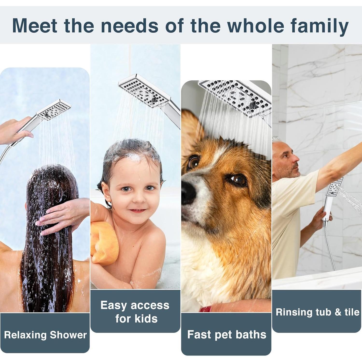 High  Handheld Shower  Set with 6" Brass Shower Arm, Chrome