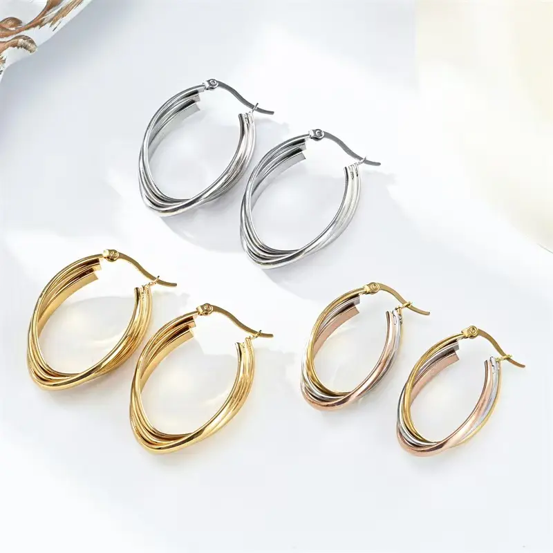 Stainless Steel U-shaped Twisted Hoop Earrings for Women Classic Triple Color Metal Waterproof Earrings Party Jewelry