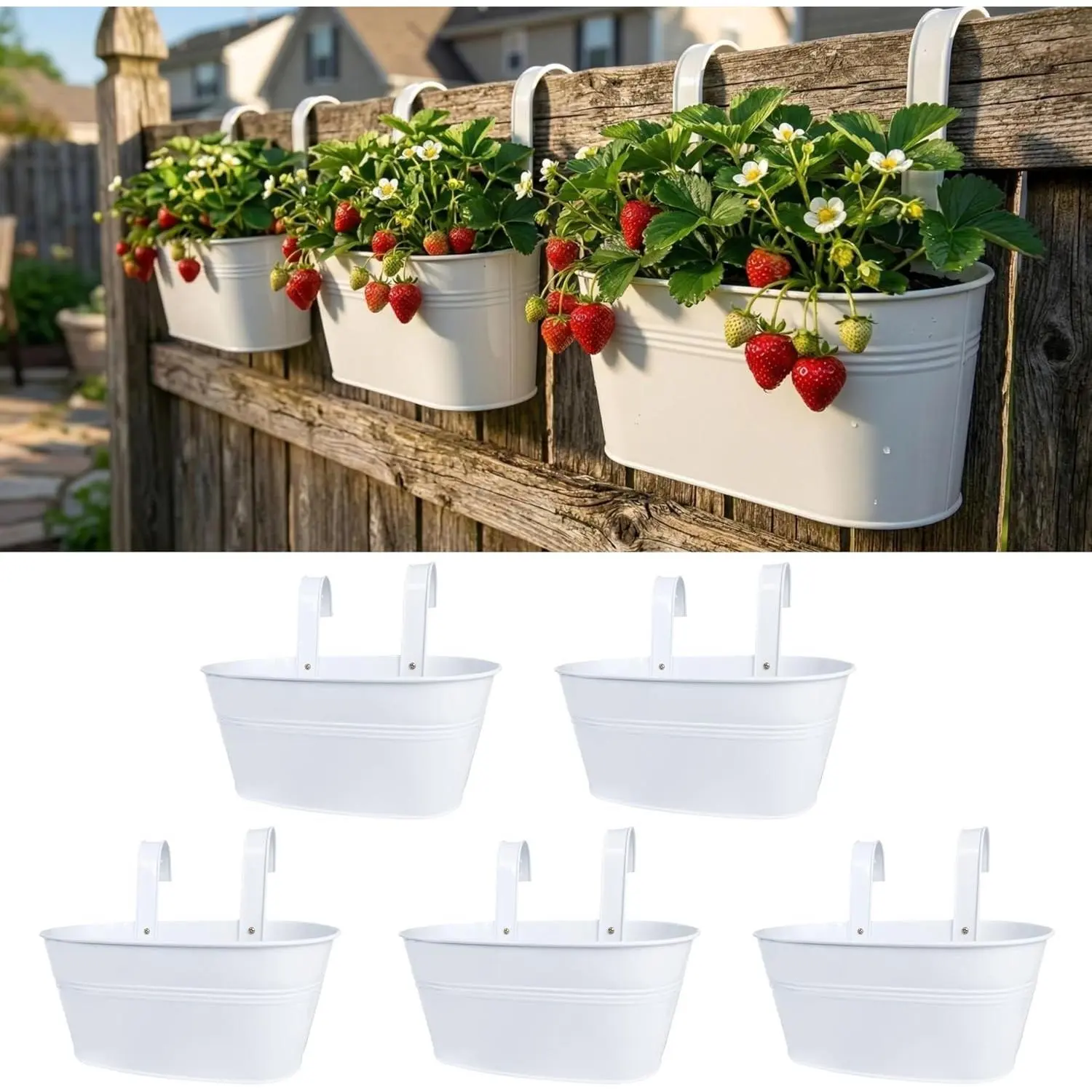 Rail Planter (11.8 in, 5 Pack) White Metal Balcony Porch Pots | Balcony railing planters deck fence patio porch outdoor plants, iron hanging buckets herb garden plant hangers, plantas
