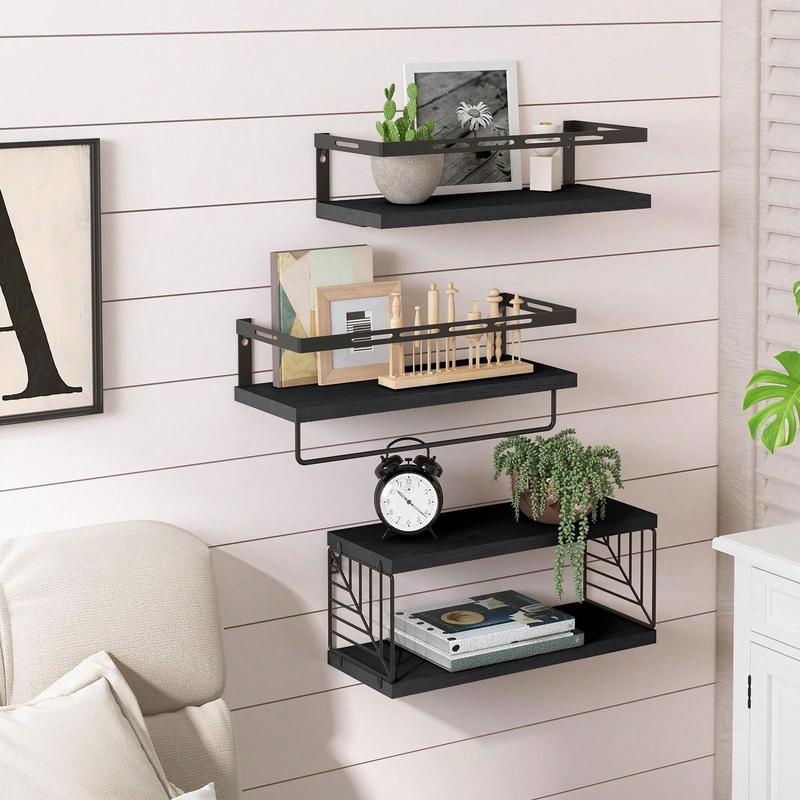 3+1 Tier Wall Mounted Bathroom Shelves Over Toilet, Rustic Wood Floating Shelves With Metal Frame And Towel Bar For Bathroom, Kitchen, Bedroom, Living Room, Home Decor, Bathroom Decor, Bathroom Organizer Summer