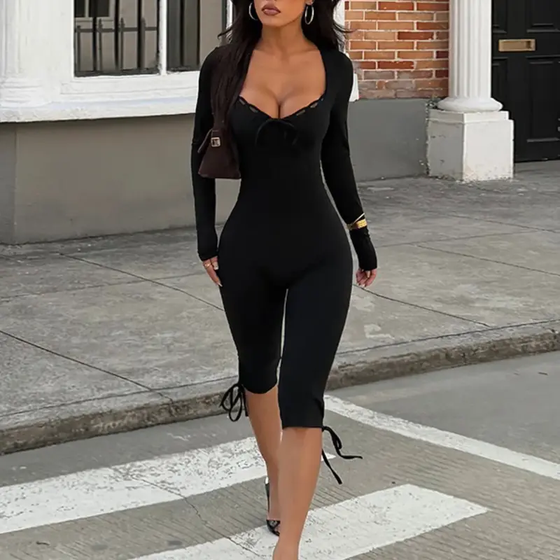 Women's Elegant Lace Trim Long Sleeve Jumpsuit, Casual Wear, Comfortable Fabric, Stylish Clothes for Daily Wear