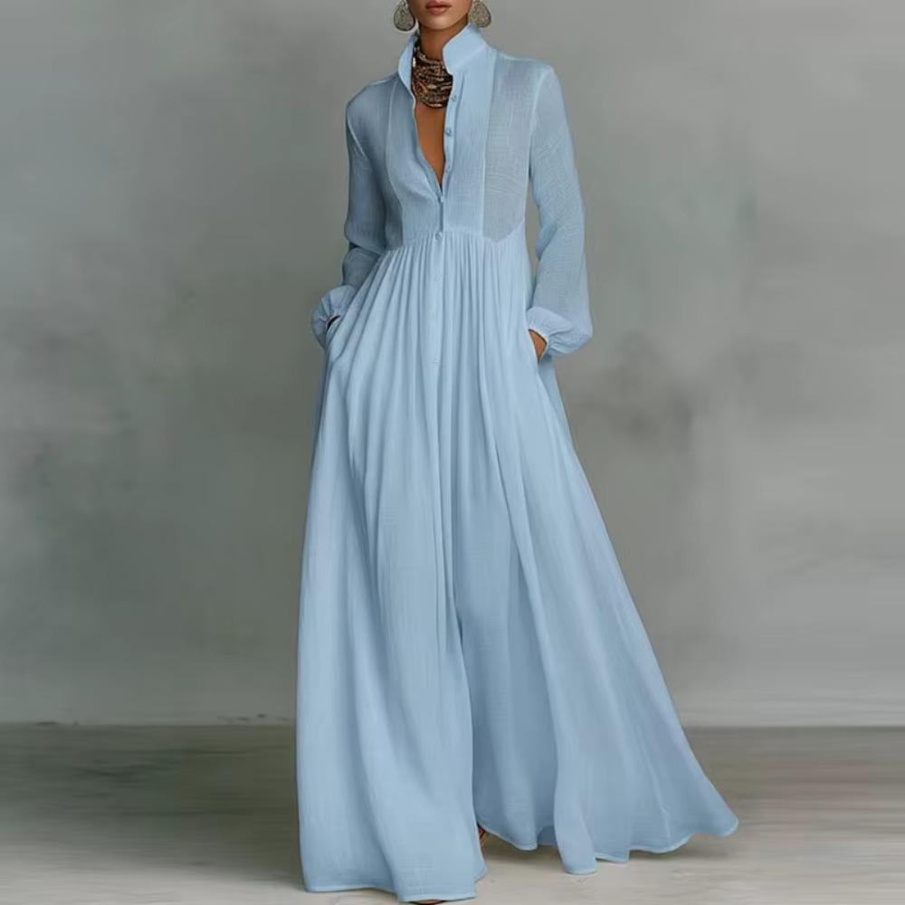 Elegant Boho Maxi Shirt Dress for Women Long Sleeve Button Down Flowing Pleated High Waist Loose Fit Resort Vacation Dress Spring Summer 2026 Trend Breathable Fabric - Beach, Casual Lightweight