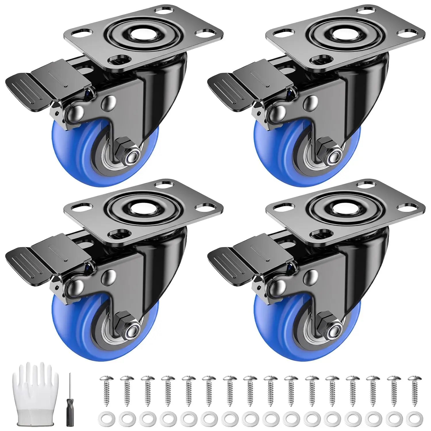 2 Inch Swivel Casters Set of 4, Locking Caster Wheels Heavy , Polyurethane (PU) Plate Caster with , Castor Wheels, Industrial Caster for Furniture, Workbench, Carts