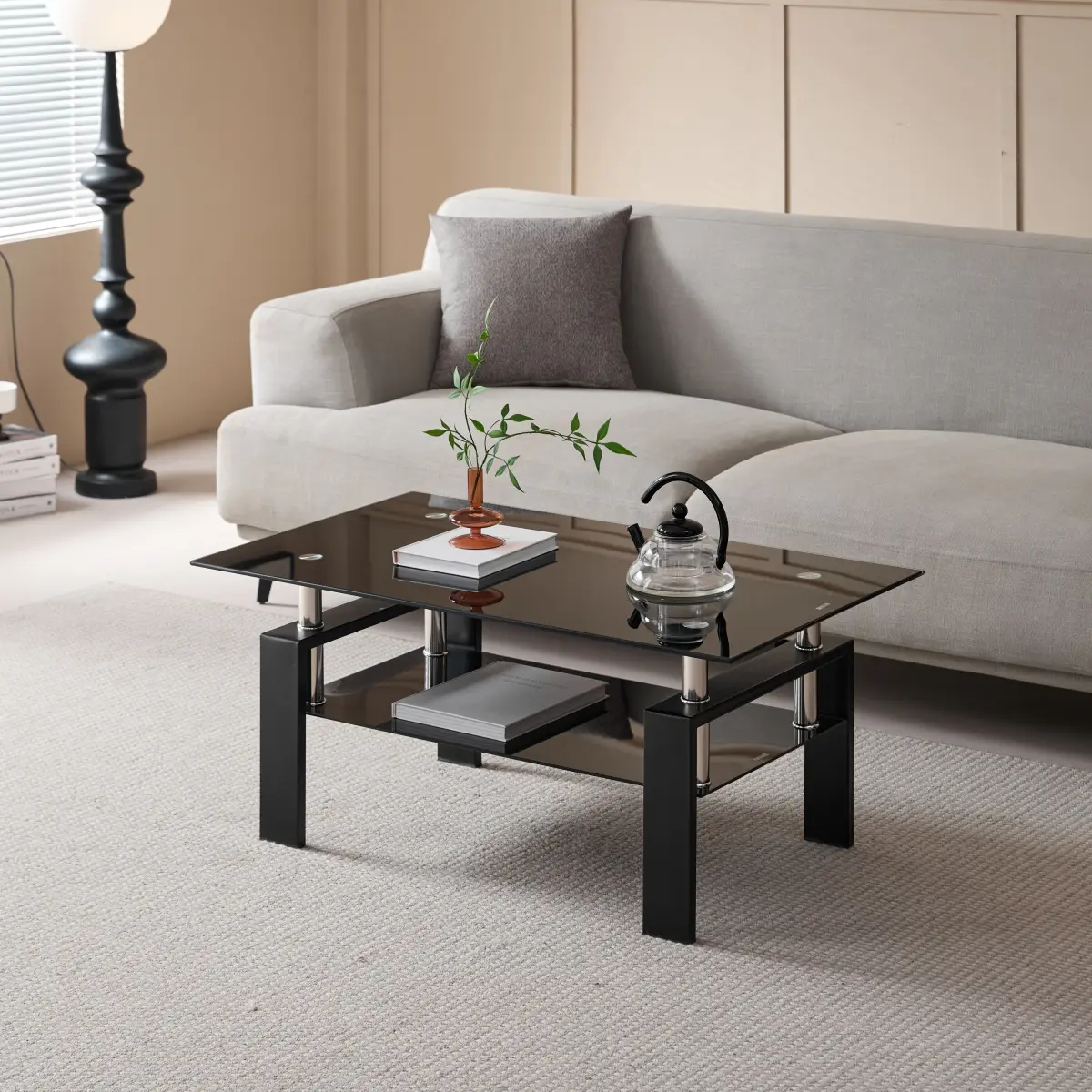 2-Tier Tempered Black Glass Coffee Table 39.37*23.62*17.72 Inch 8mm Top 5mm Shelf Waterfall Edge Modern Square Tea Table Smooth Easy Clean Tool-Free Assembly For Living Room Office Small Space, Space Saving Furniture, Assembly Required, Dining Room, Recep
