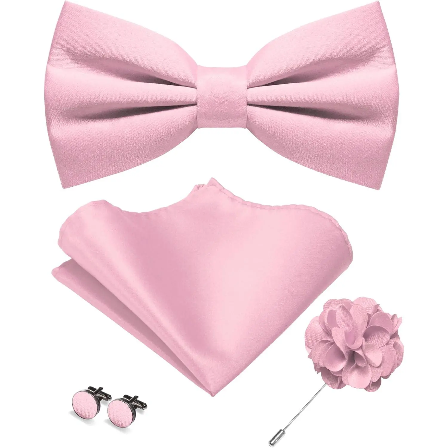 Solid Color Pre-tied Bow Tie and Pocket Square Cufflinks Lapel Pin Sets for Men 4PCS