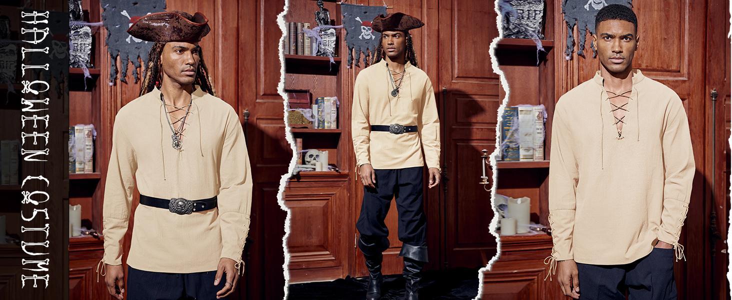 PASLTER Mens Medieval Pirate Shirt Steampunk Renaissance Viking Retro Long Sleeve Lace Up Mercenary Halloween Costume Tops Menswear Clothing