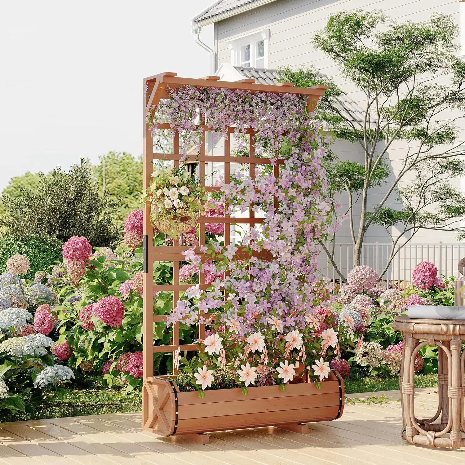Wooden Elevated Legged Planter Bed with Roof, Trellis, Built-in Hooks, Drainage Holes, and Plant Support for Patio, Balcony Veggies and Herbs, Supports Plants