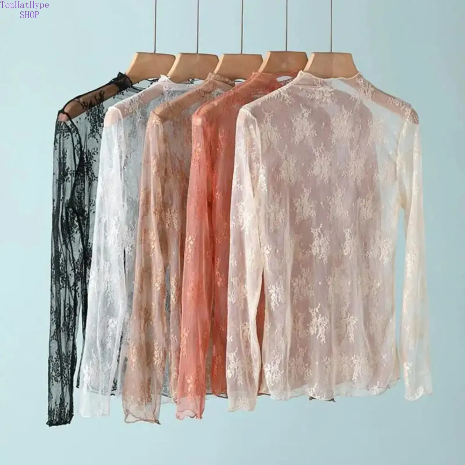 Women’s Sheer Lace Mesh Long Sleeve Crop Top, Sexy Half High Neck Ruffle Trim See‑Through Slim Fit Layering Blouse, Lightweight Fitted O‑Neck Tee for Daily Outing Travel & Casual Layering Wear