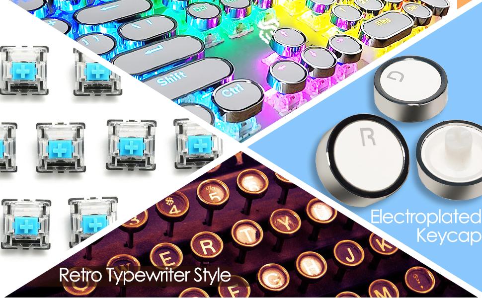 Typewriter Style Mechanical Gaming Keyboard RGB Backlit Wired with Blue Switch Retro Round Keycap 104 Keys Keyboard (R-White)