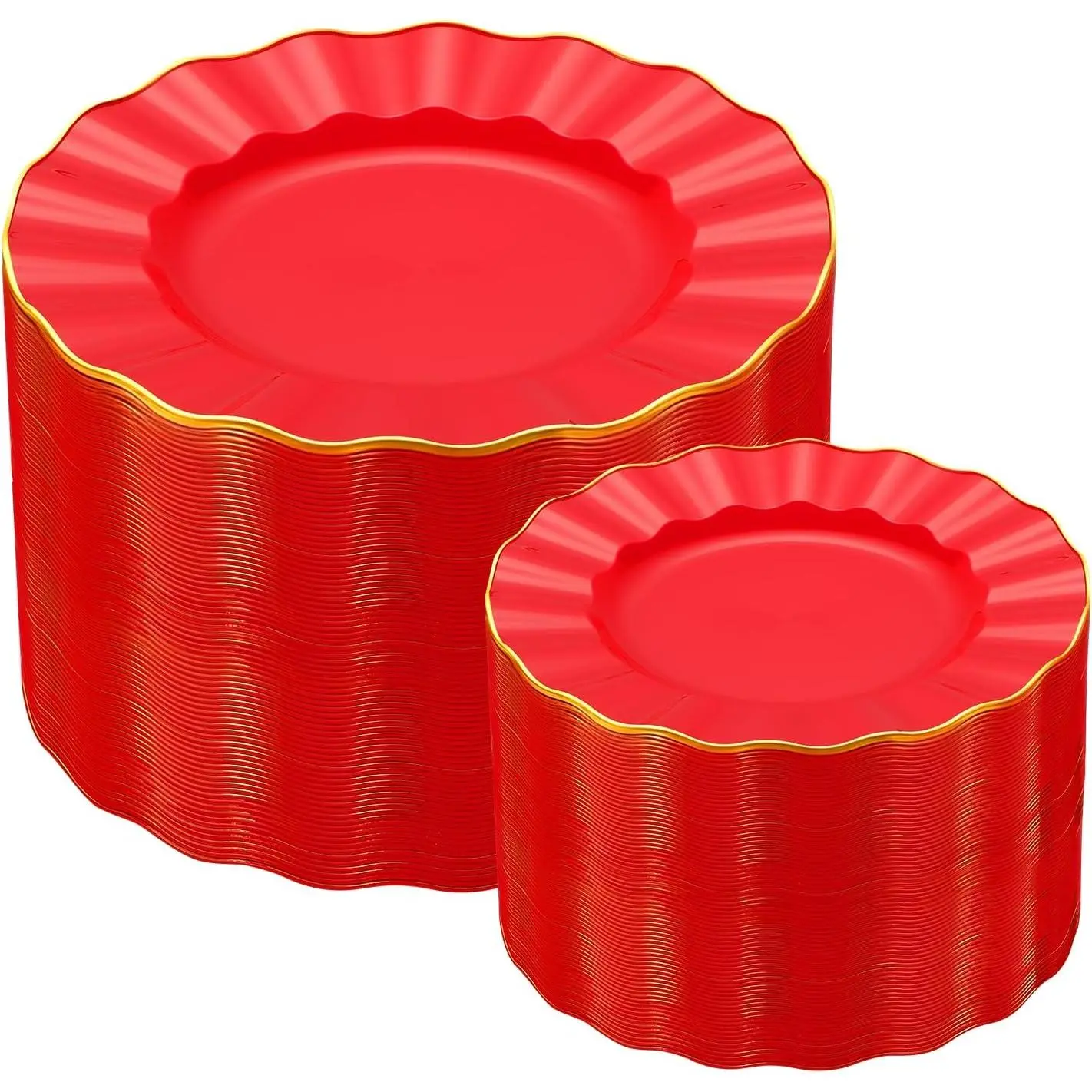 60 count Heavy Weight Red Plastic Plates with  Trim, Heavy Duty Red and  Christmas Plates, Elegant Disposable Plate Sets include 30 Dinner & 30 Dessert Plate for Party July 4th