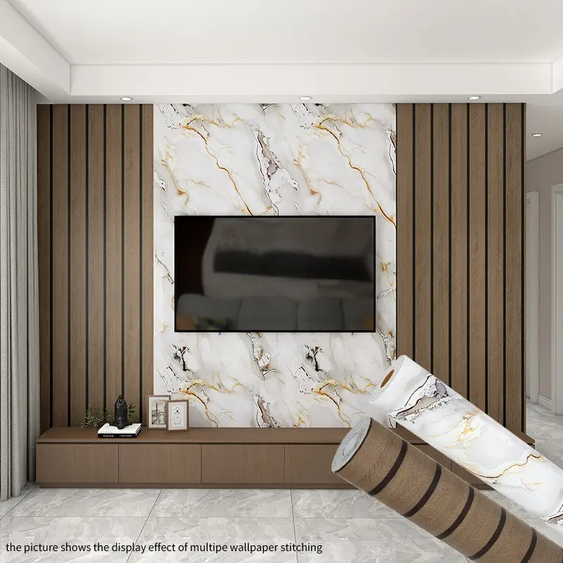 1 roll striped wood grain wallpaper and 1 roll peel and stick thickened wallpaper, Suitable for decorating TV background walls.