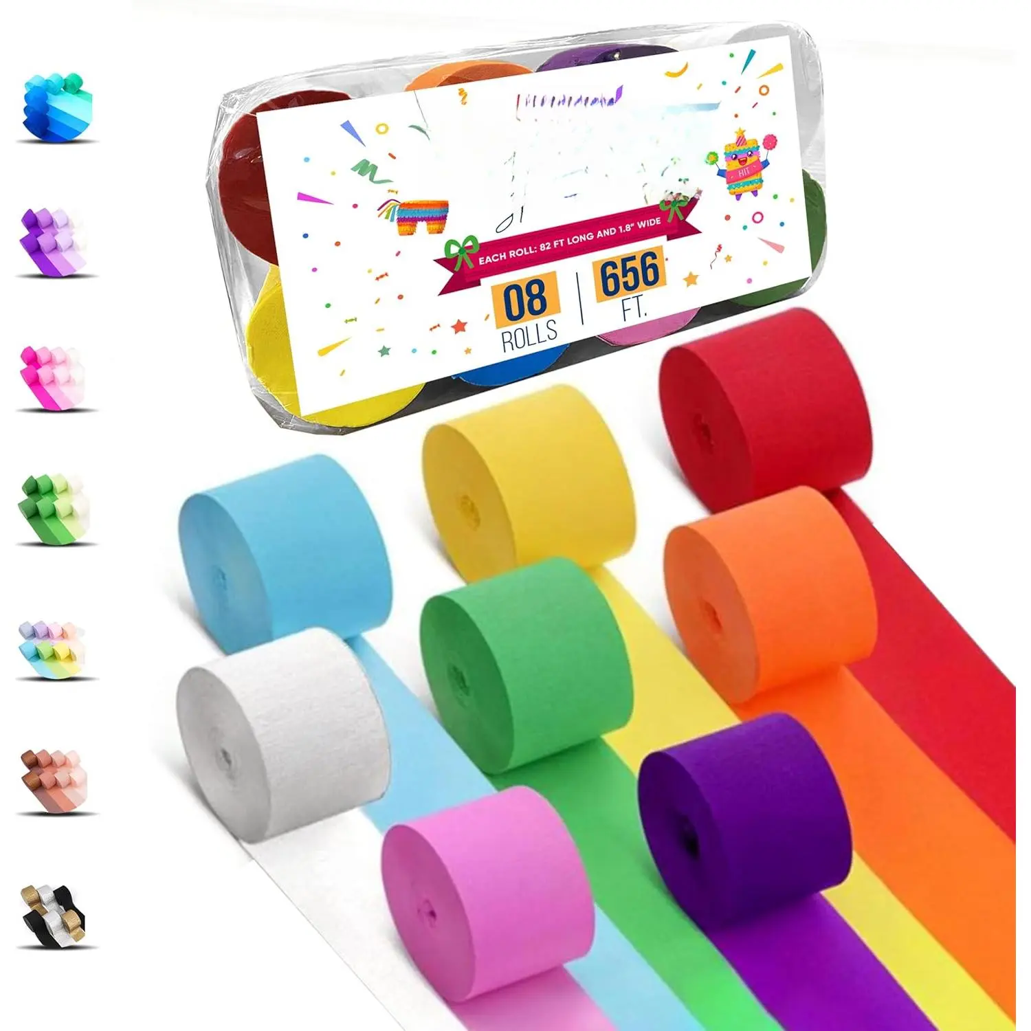 Decor 8 Crepe Paper Streamers Rolls, 656ft Pack of Unique 8 Rainbow Streamers Party Decorations, Birthday Streamers, Party Streamers for Wedding Decoration (1.8 inch x 82 ft/Roll)