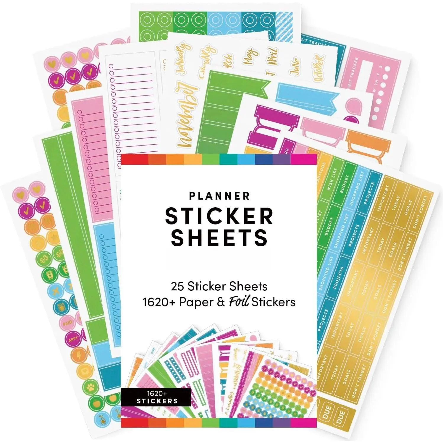 Planner Sticker Accessories, Multicolored &  Foil Stickers for Planners, Calendars, Journals & Notebooks, (Rainbow Theme), 25 Sheets, Over 1,680 Stickers Per Pack