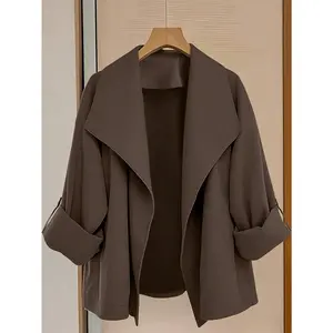 Plus Size, Plus Size Beige Short Lapel 3/4 Sleeve Jacket, Loose Fit Casual Blazer, Oversized Office Chic Cover-Up