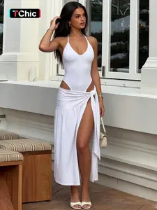 Women's Solid Backless Sleeveless Cami Bodysuit & Split Thigh Skirt Two-piece Set, Sexy Fashion Casual Halter Neck Bodysuit & Tie Front Pleated Skirt for Daily Outdoor Wear, Ladies Clothes for All Seasons Summer Suits, Chic Skirt Sets