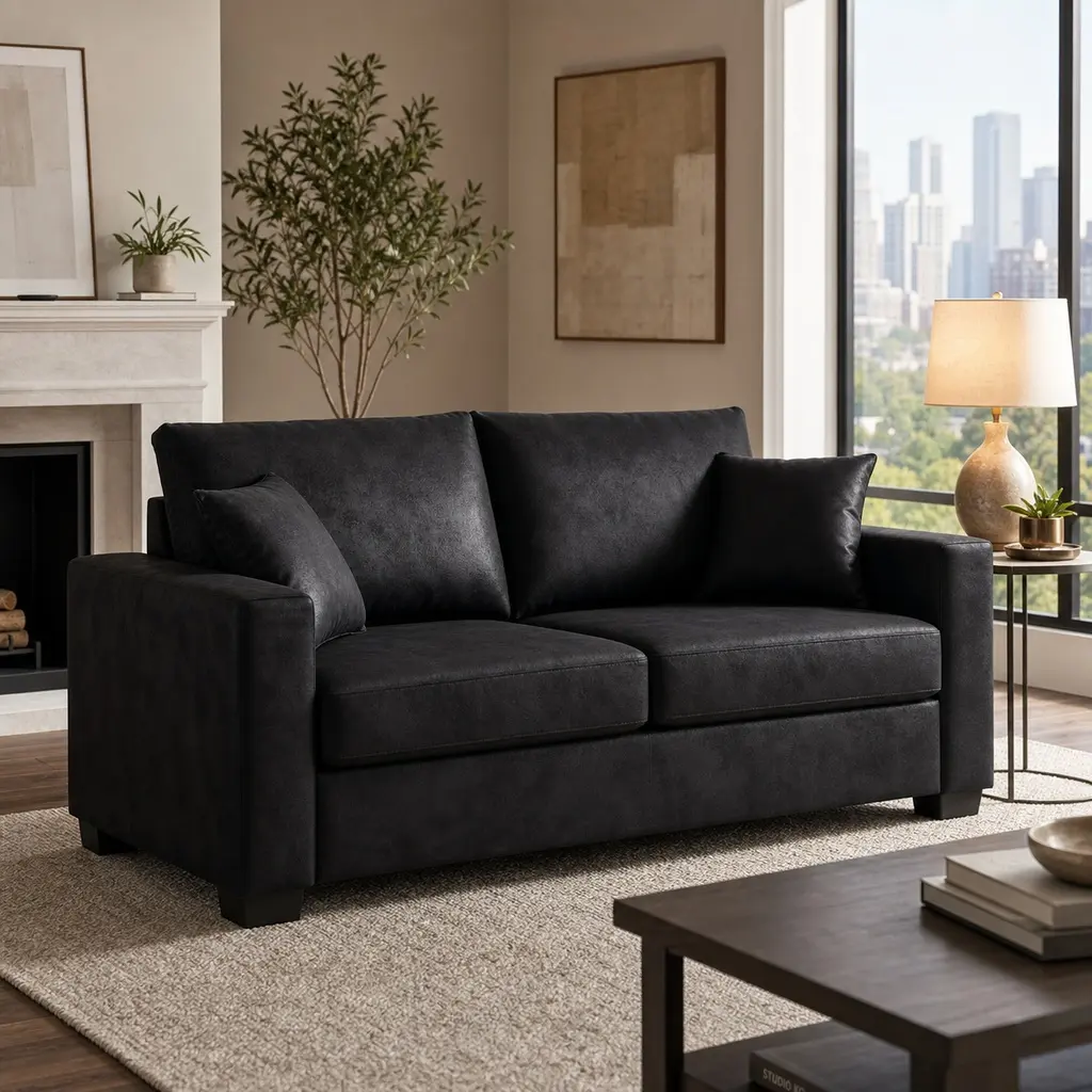 ARCH 69-Inch Two-Seater Loveseat Sofa for Living Room, Mid-Century Modern Couch with Cushion Back and Square Arms, Black Polyester Fabric with Wood Frame, Includes 2 Throw Pillows, Soft Foam Seat, Easy Assembly, Black Color Options
