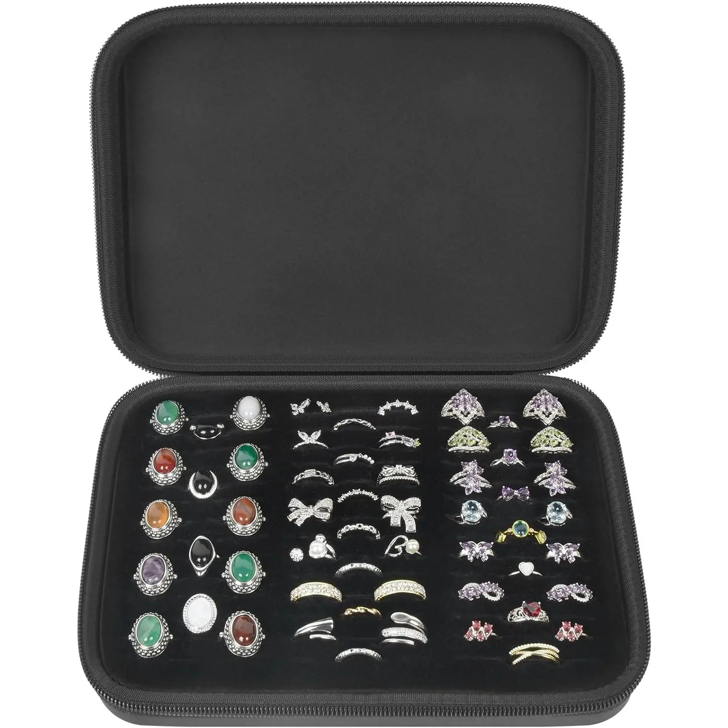 Ring Organizer Storage Case - Jewelry Ring Display Collector Box with 42 Slots. Rings Tray Holder Showcase Fits for 50+ Rings, Earrings, Brooches and Cufflinks (Box Only)-Dark