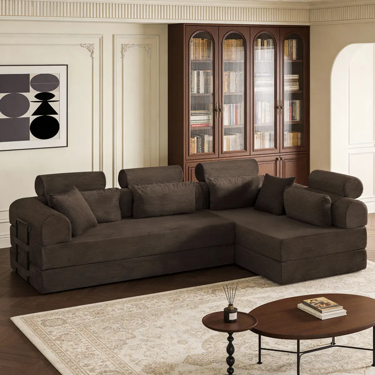 L shape Modular Sectional Sofa, Modern Corduroy Sofa Couch with Backrest and Headrest Pillows, Convertible Boneless Sleeper Sofa Bed for Living Room, Unfold into a Bed, No Assembly Required, Brown
